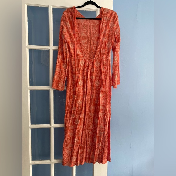 Zara Long Tangerine Orange Embroidered Print Maxi Dress - Picture 9 of 11